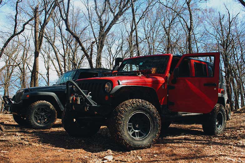 Red and Black Jeep Parked on Trail