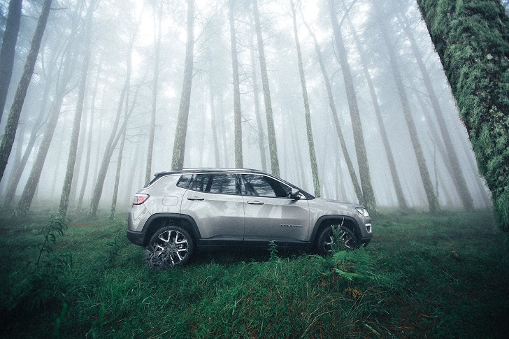 Jeep Compass Parked Off-Road in a Foggy Forest